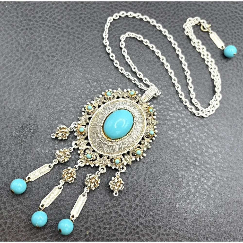 Vintage Large Blue Turquoise White Enamel Chains Dangle Pendant Tassel Necklace